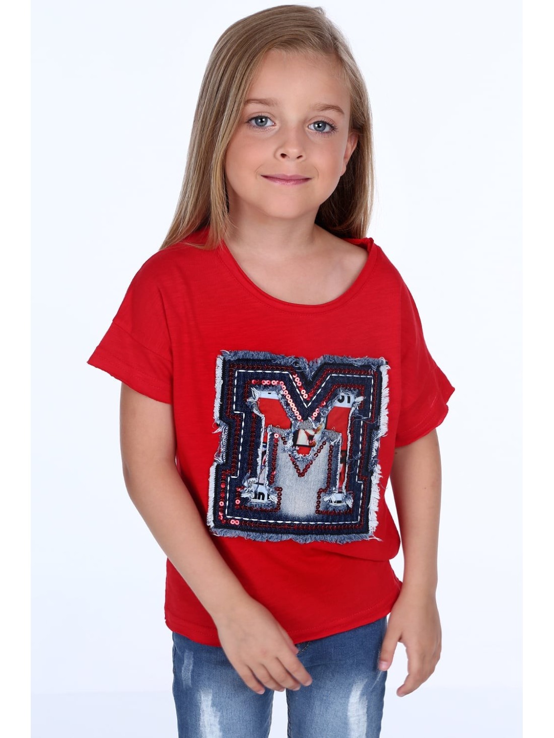 T-shirt with a red denim application NDZ86440 - Online store - Boutique